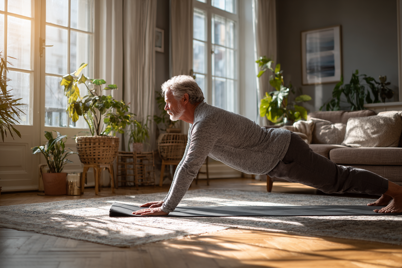 Літня жінка виконує йогу на природі