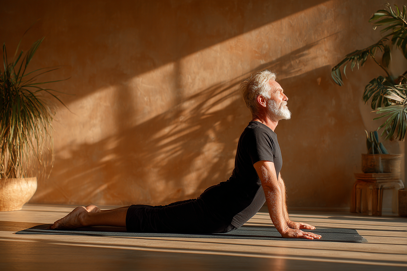 Чоловік середнього віку медитує вдома