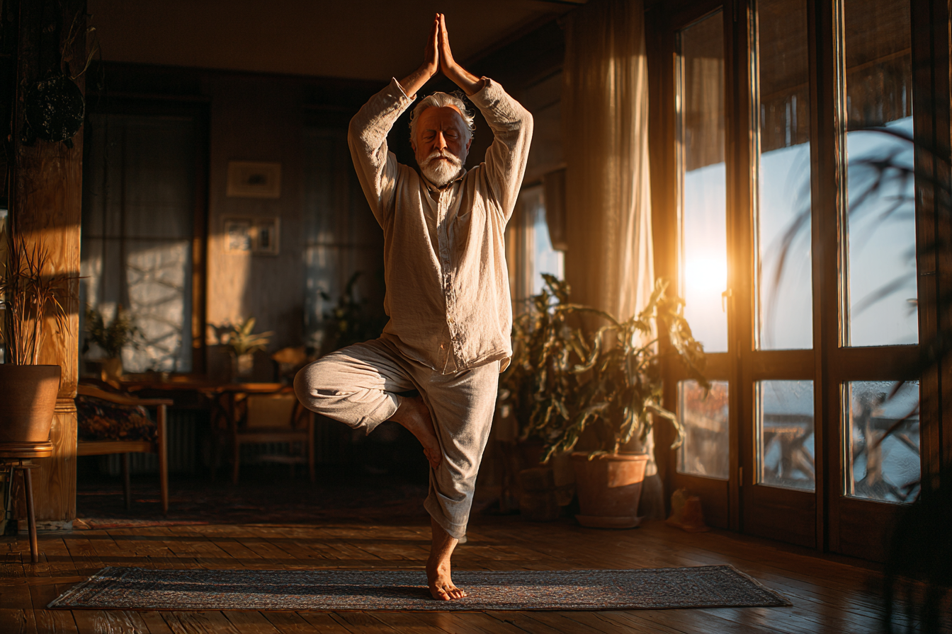 Група старших людей займається йогою в залі